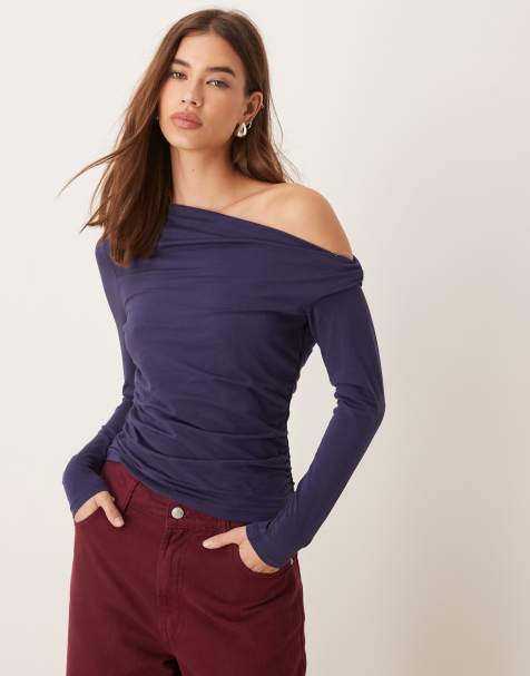 Abercrombie & Fitch - Top a maniche lunghe blu navy asimmetrico con spalla scoperta - view 1