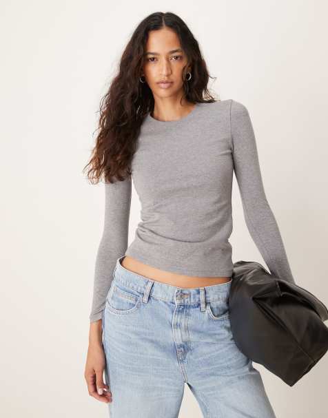Abercrombie & Fitch - Top a maniche lunghe in cotone grigio chiaro senza cuciture - view 1