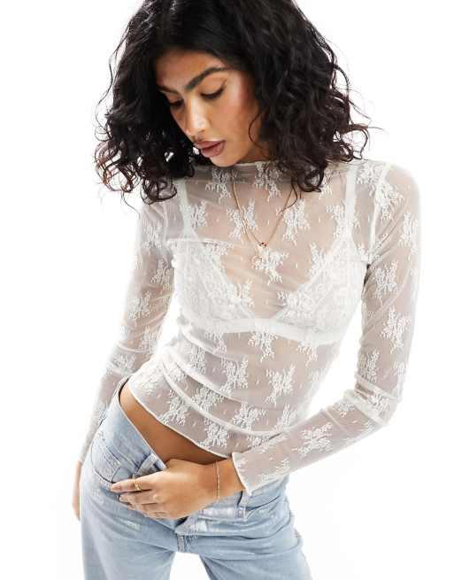 Abercrombie & Fitch - Top a maniche lunghe in pizzo bianco sporco