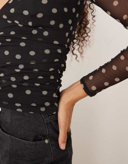 Abercrombie & Fitch - Top a maniche lunghe nero a pois con scollo a cuore, 3 di 4