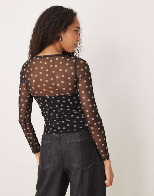 Abercrombie & Fitch - Top a maniche lunghe nero a pois con scollo a cuore, 4 di 4