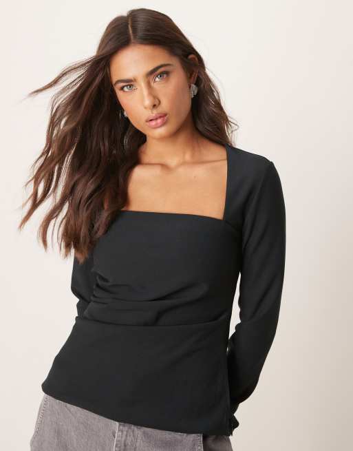 Abercrombie & Fitch - Top a maniche lunghe nero con scollo squadrato