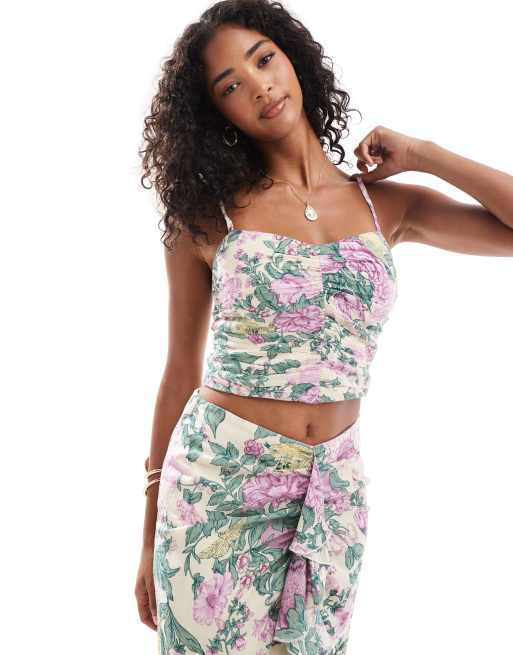 Abercrombie & Fitch - Top a reggiseno stropicciato a fiori viola con stampa in coordinato