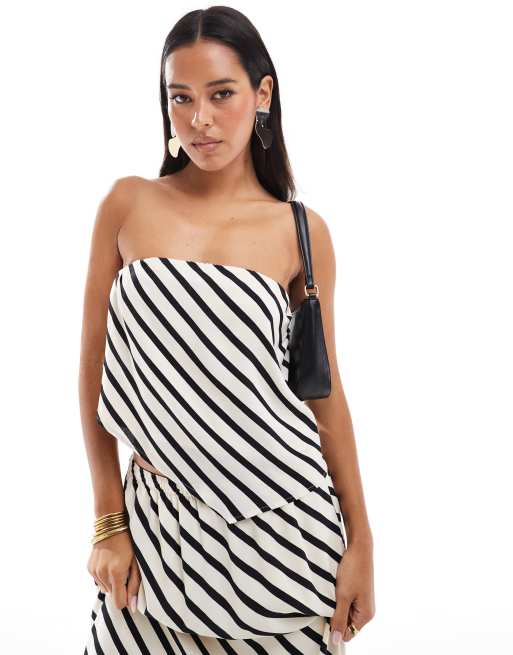 Abercrombie & Fitch - Top a sciarpa in raso nero e crema a righe in coordinato