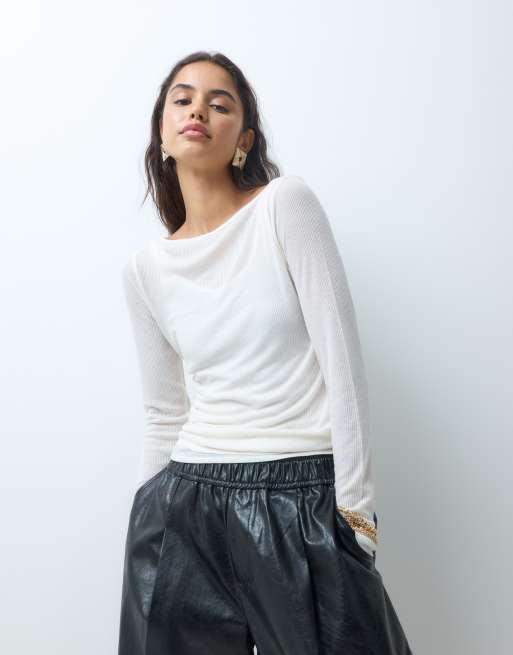 Abercrombie & Fitch top a strati a maniche lunghe trasparente color crema, 2 di 5