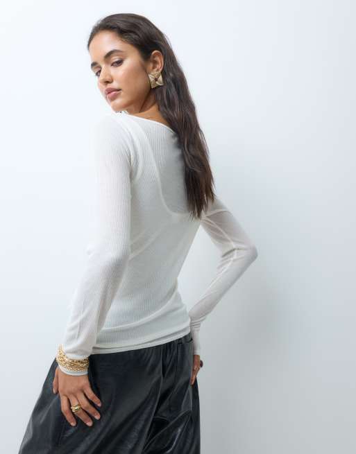 Abercrombie & Fitch top a strati a maniche lunghe trasparente color crema, 4 di 5