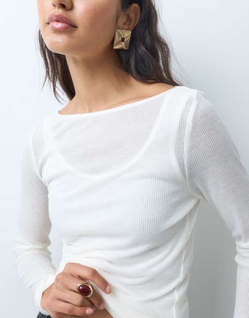 Abercrombie & Fitch top a strati a maniche lunghe trasparente color crema, 5 di 5