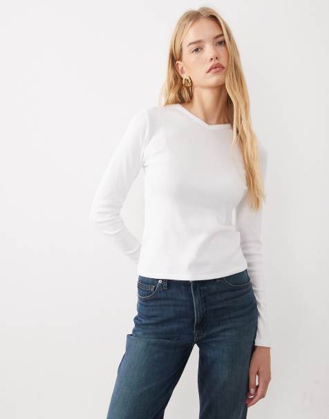 Abercrombie & Fitch top acanalado de manga larga con cuello panadero en blanco - view 1