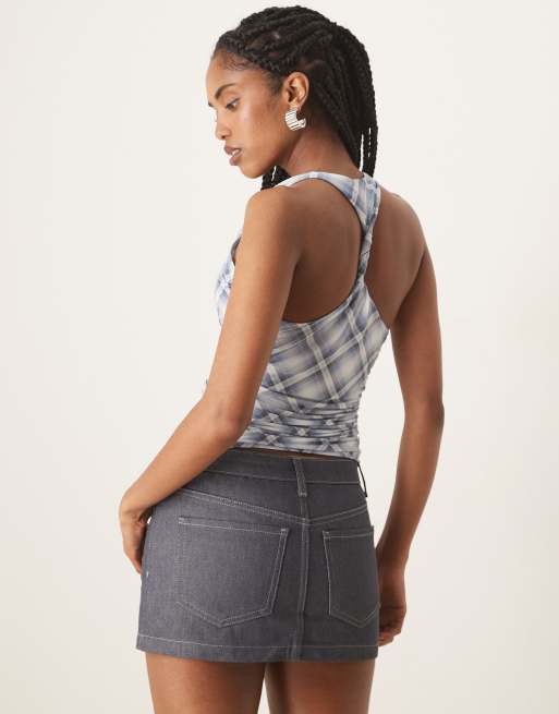 Abercrombie & Fitch - Top allacciato al collo blu a quadri con nodi, 3 di 4
