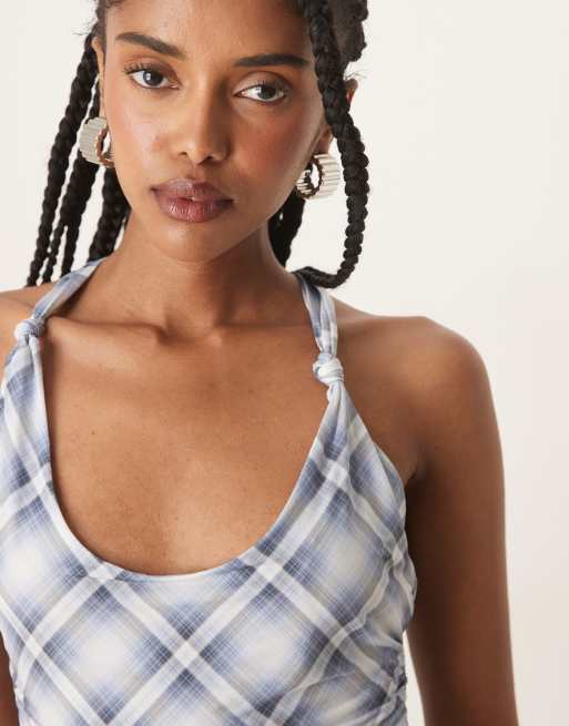 Abercrombie & Fitch - Top allacciato al collo blu a quadri con nodi, 4 di 4