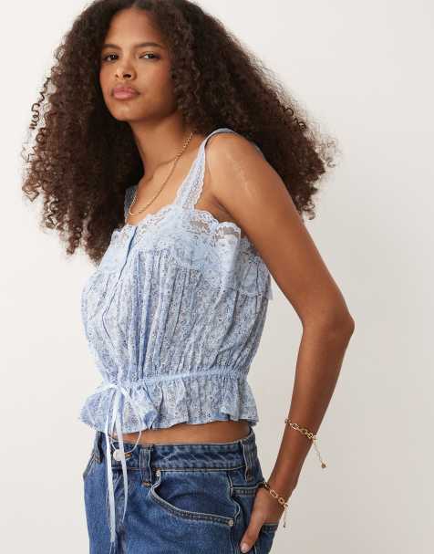 Abercrombie & Fitch - Top azul de tirantes con estampado floral, escote cuadrado, botones y cintura entallada - view 1