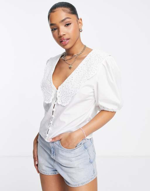 Abercrombie & Fitch - Top bianco con colletto in pizzo