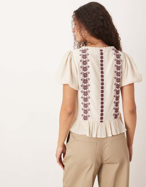 Abercrombie & Fitch - Top bohème à manches courtes avec broderies - Crème, 3 de 4
