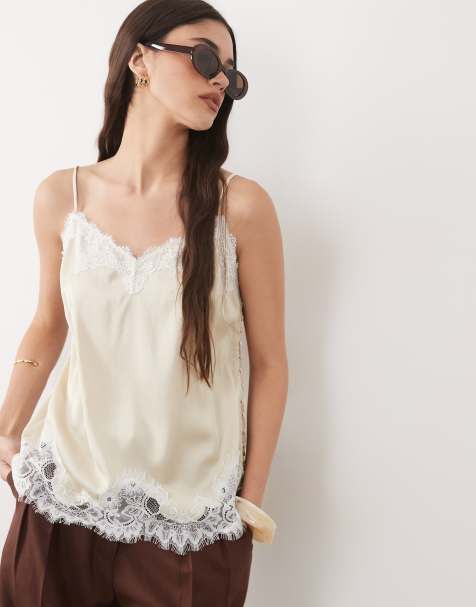 Abercrombie & Fitch - Top color crema de tirantes de satén con detalle de encaje - view 1