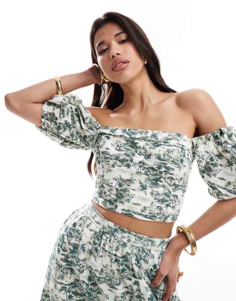 Abercrombie & Fitch - Top con maniche a sbuffo in lino verde e bianco a fiori - view 1