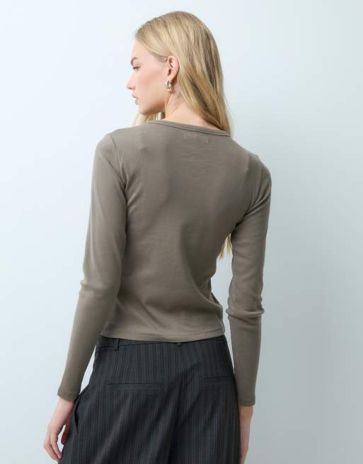 Abercrombie & Fitch top côtelé à manches longues marron, 4 de 4