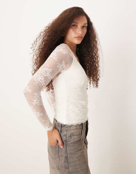 Abercrombie & Fitch - Top en dentelle à encolure en cœur et manches longues - Blanc - view 1