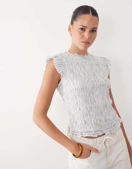 Abercrombie & Fitch - Top en lin mélangé rayé noué dans le dos à smocks - Blanc, 3 de 4