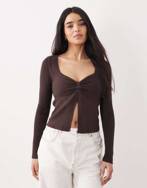 Abercrombie & Fitch - Top en maille côtelée à manches longues et décolleté en cœur - Marron - view 1