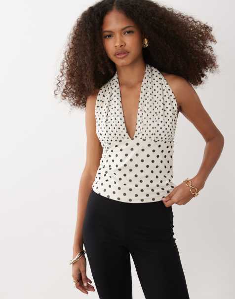 Abercrombie & Fitch - Top en tulle à pois avec décolleté plongeant et liens multipositions - Blanc - view 1