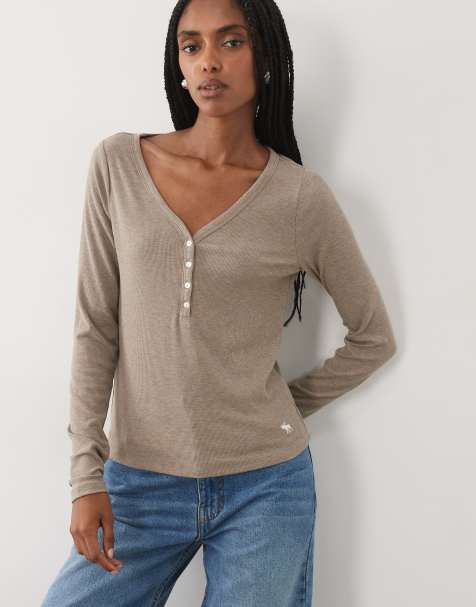 Abercrombie & Fitch - top henley acanalado de manga larga marrón - view 1