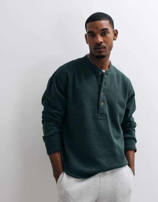 Abercrombie & Fitch top henley oversize épais vert foncé, 2 de 10