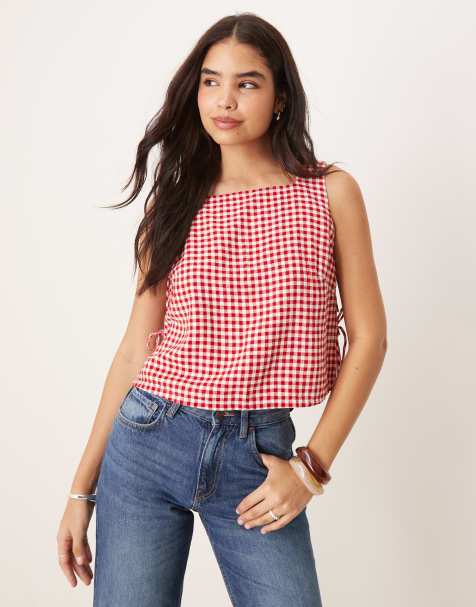 Abercrombie & Fitch - Top i rødt gingham-tern med bindedetaljer i siden - view 1