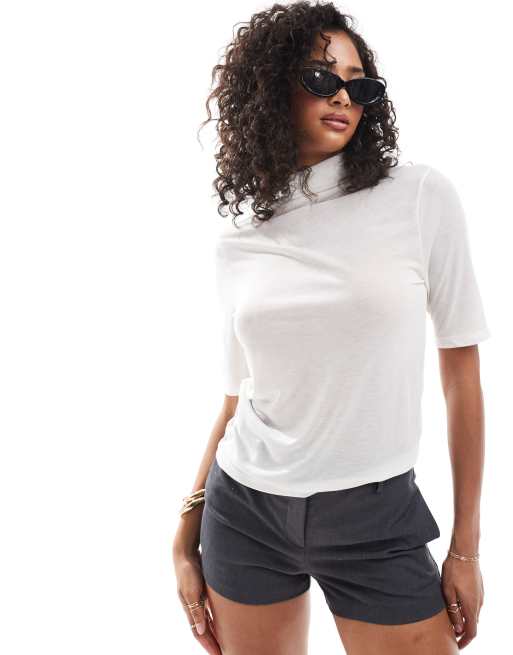 Abercrombie & Fitch - Top in jersey trasparente a mezze maniche bianco sporco con collo a lupetto