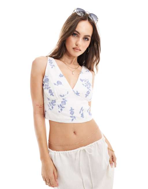 Abercrombie & Fitch - Top in misto lino con scollo profondo bianco con fiori ricamati