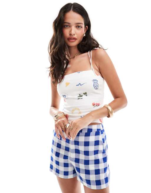 Abercrombie & Fitch - Top in misto lino con scollo squadrato e stampa a tema picnic