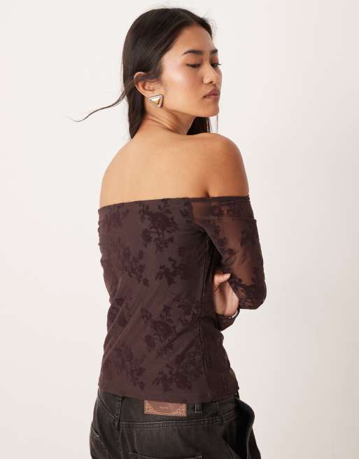 Abercrombie & Fitch - Top in pizzo marrone con spalle scoperte bra free, 4 di 4