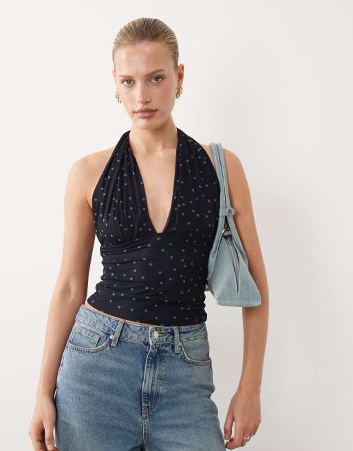 Abercrombie & Fitch - Top in rete multiposizione blu navy a pois, 1 di 4