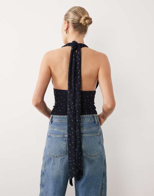 Abercrombie & Fitch - Top in rete multiposizione blu navy a pois, 4 di 4