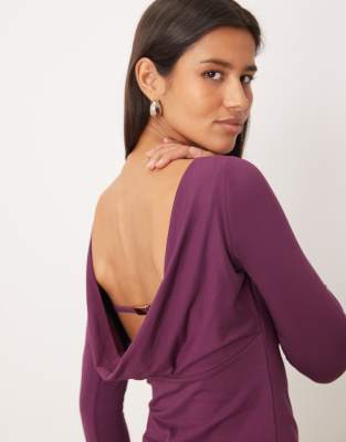 Top manches longues à dos bénitier et encolure bateau - Violet foncé-Rouge M