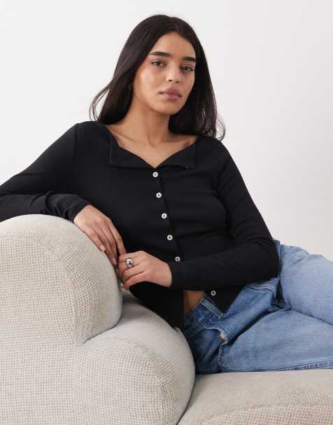 Abercrombie & Fitch - Top met lange mouwen en knoopsluiting in zwart - view 1