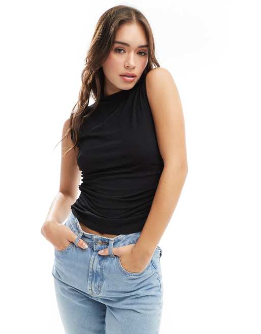 Abercrombie & Fitch - Top met opstaande hals en rimpeleffect in zwart