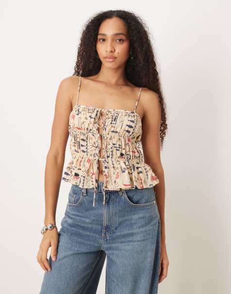 Abercrombie & Fitch - Top met pofmouwen en gestrikte voorkant in crème met print - view 1