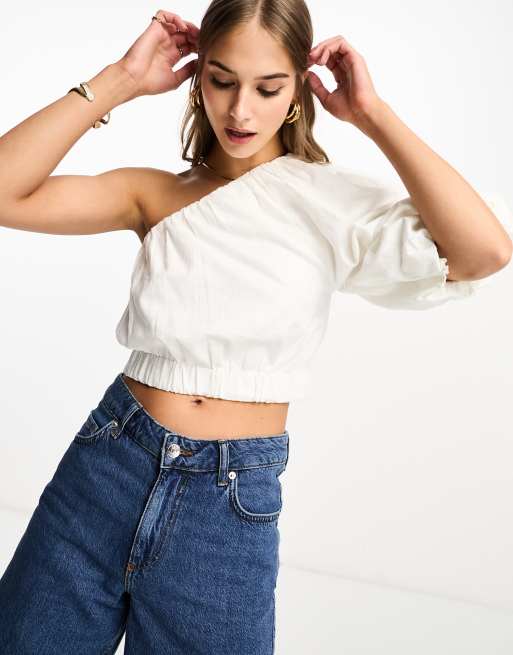 Abercrombie & Fitch - Top monospalla bianco in misto lino