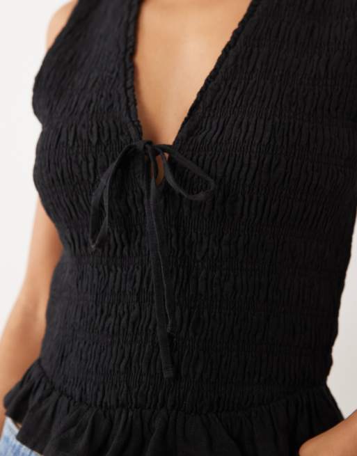 Abercrombie & Fitch - Top nero con scollo squadrato in punto smock, 3 di 4
