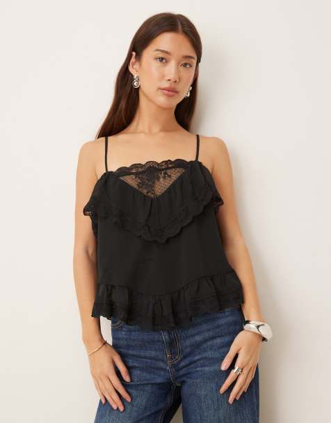 Abercrombie & Fitch - Top nero con volant, spalline sottili e dettaglio in pizzo - view 1