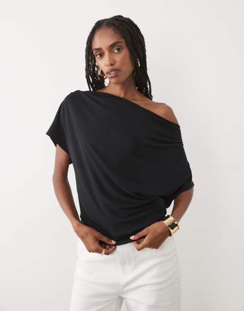 Abercrombie & Fitch - Top près du corps drapé asymétrique à épaule dénudée - Noir - view 1