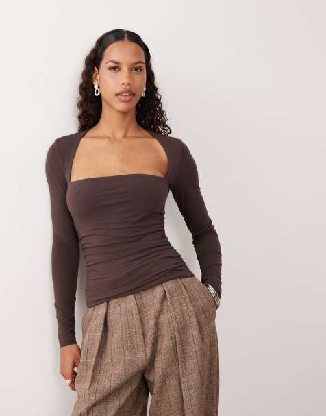 Abercrombie & Fitch - Top sans coutures à manches longues et encolure carrée - Marron - view 1
