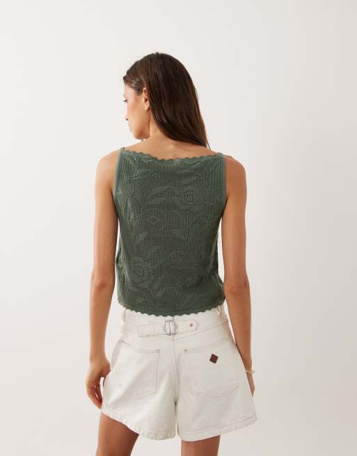 Abercrombie & Fitch - Top sans manches en maille à fleurs avec encolure carrée - Vert, 4 de 4