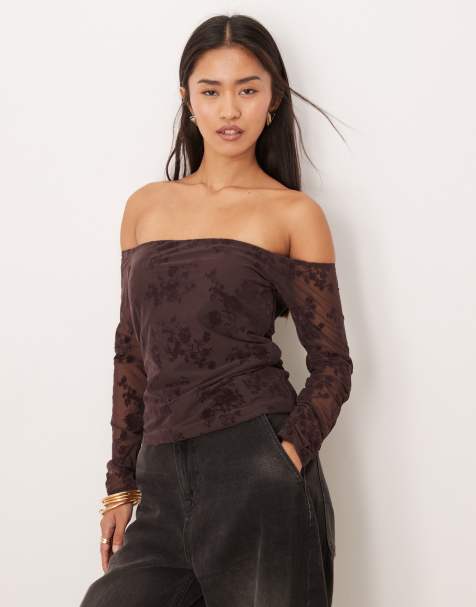 Abercrombie & Fitch - Top sans soutien-gorge en dentelle à épaules dénudées - Marron - view 1