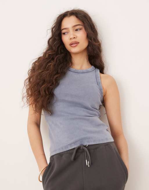 Abercrombie & Fitch - Top senza maniche girocollo blu slavato vintage a coste