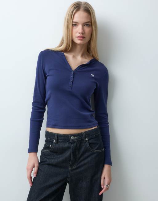 Abercrombie & Fitch top serafino a maniche lunghe a coste con logo icon, blu navy, 3 di 9
