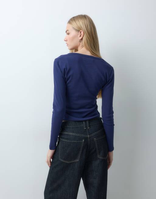 Abercrombie & Fitch top serafino a maniche lunghe a coste con logo icon, blu navy, 4 di 9