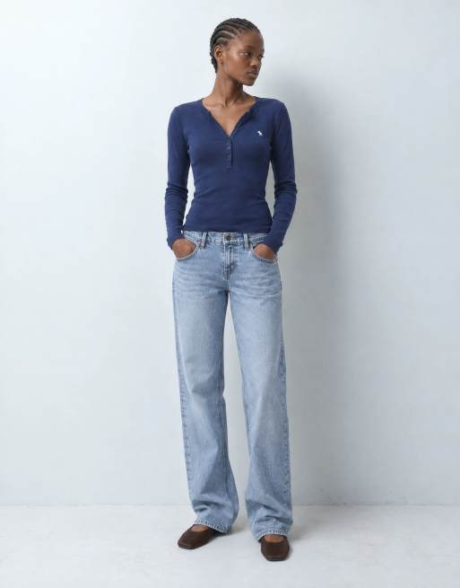 Abercrombie & Fitch top serafino a maniche lunghe a coste con logo icon, blu navy, 7 di 9