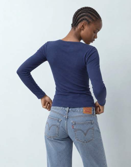 Abercrombie & Fitch top serafino a maniche lunghe a coste con logo icon, blu navy, 8 di 9