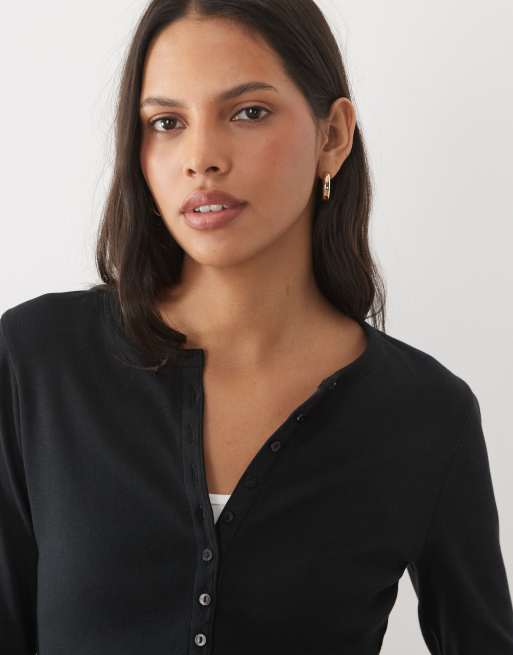 Abercrombie & Fitch top serafino a maniche lunghe a costine nero, 3 di 4